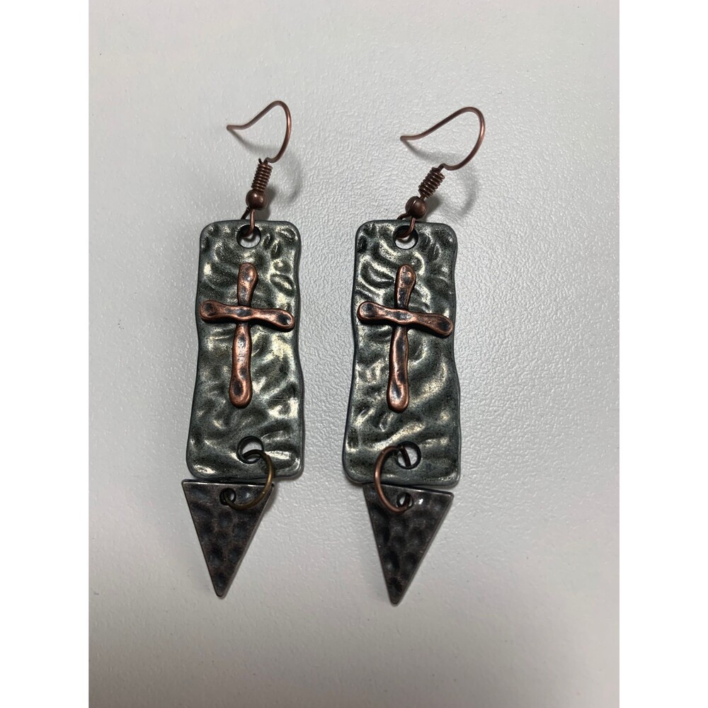 Gunmetal Rectangle Earrings with Copper Cross